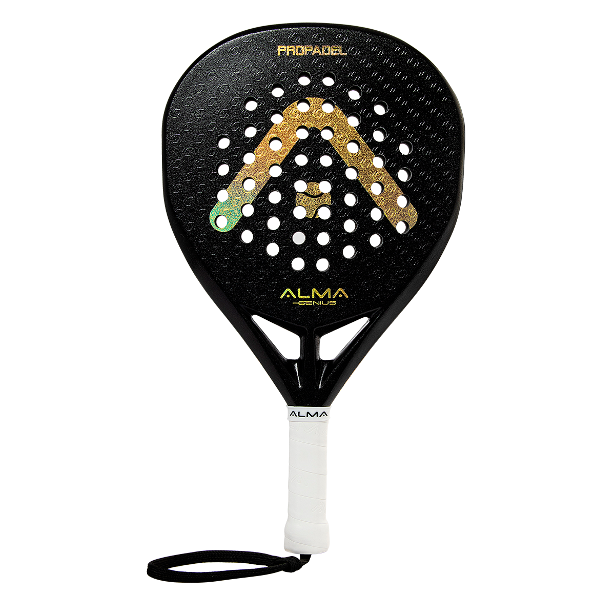 Raquete Propadel 3K Alma Genius preta e dourada vista de frente